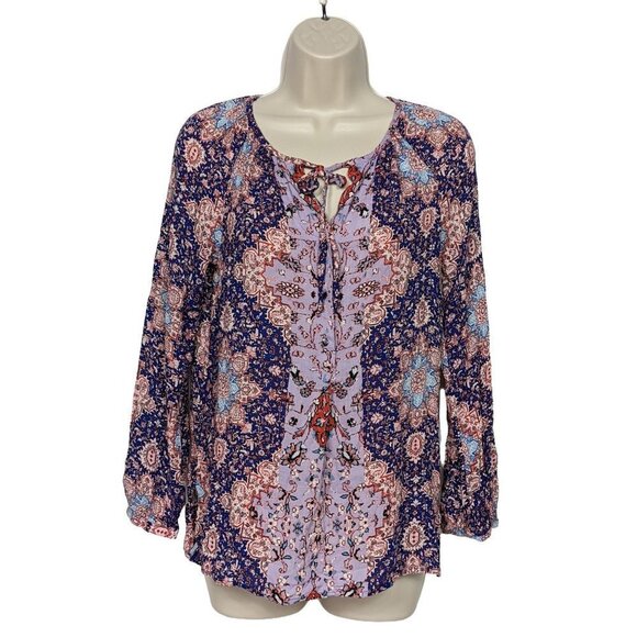 Lucky Brand Tops - Lucky Brand Boho Blouse Top XS Red White Blue Geometric Long Sleeve